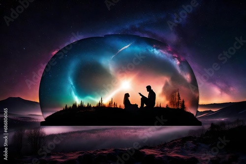 lovely double exposure image by blending together a galaxy and a hearth silhouette