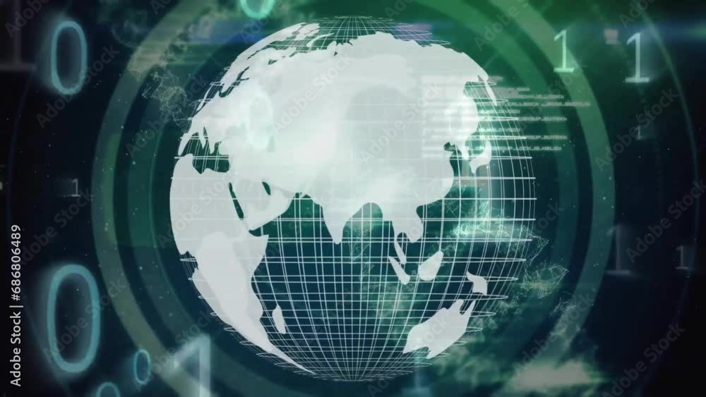 Animation of binary coding, globe and data processing Animation of binary coding, globe and data processing