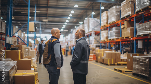 Professionals working together in a warehouse. Fulfillment, logistics, transportation background. 