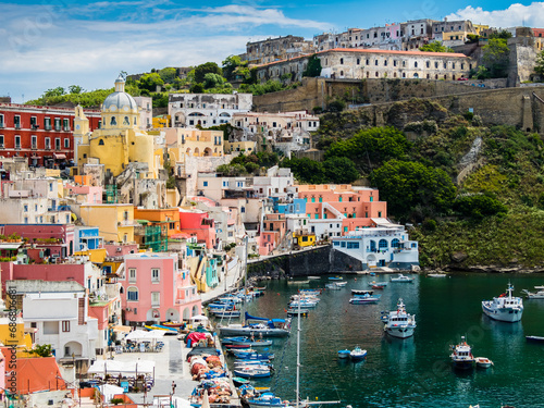 Italy, Campania, Gulf of Naples, Phlegraean Islands, Procida Island, Harbour, Marina di Corricella, former prison on mountain photo