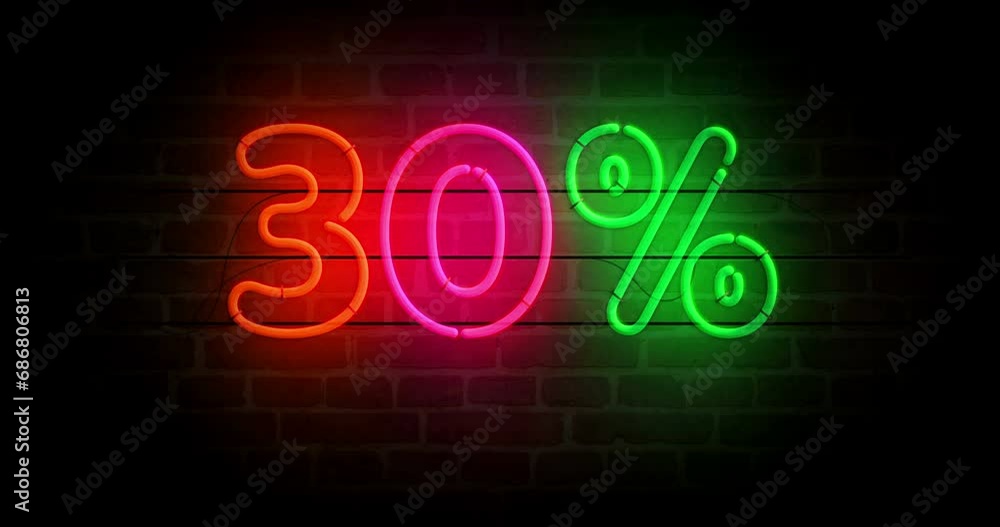 30% neon symbol on brick wall. 30 percent off sale and discount promotion retail light color bulbs. Loopable and seamless abstract concept animation. 30% neon symbol on brick wall. 30 percent off sale and discount promotion retail light color bulbs. Loopable and seamless abstract concept animation.