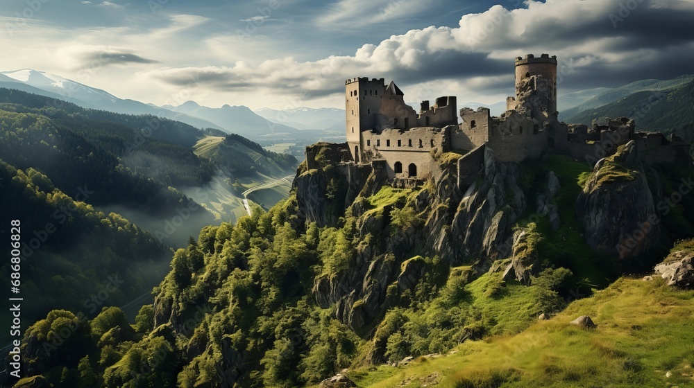 A castle that dates back to the past located in the mountains