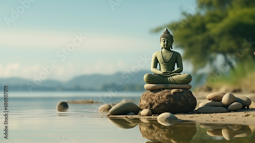 Buddha Statue Serenely Seated on Rocky Outcrop Surrounded by Calm Waters