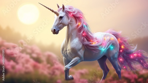 A unicorn that has a pink horn and a tail that is blue and pink