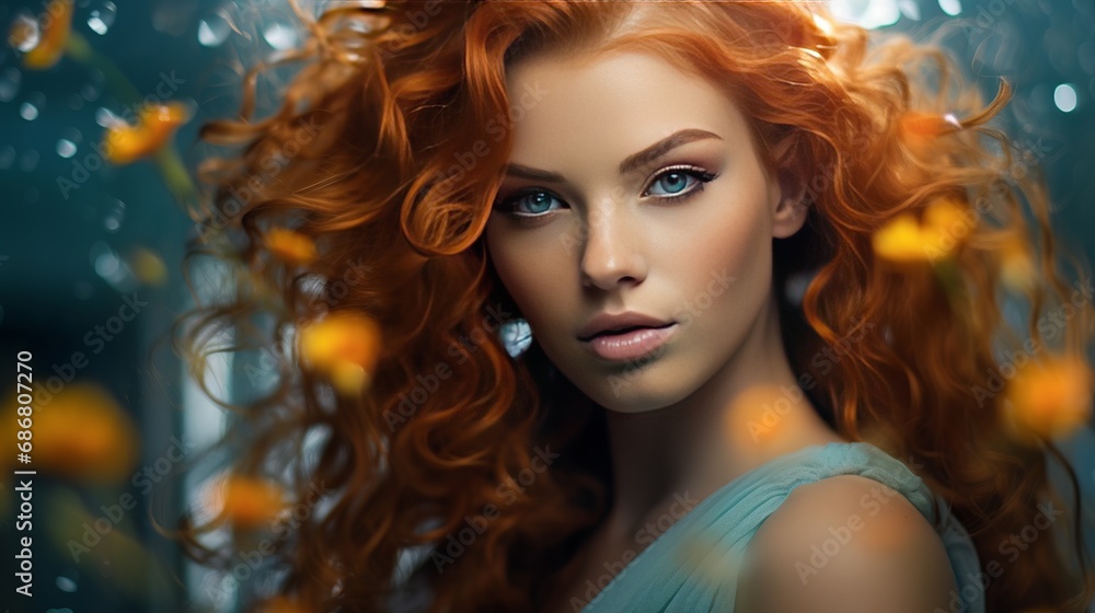A woman with a face that resembles a mermaid and a flower behind her. A woman with a face that resembles a mermaid and a flower behind her.