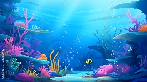 Vibrant underwater cartoon scene, colorful coral reef, marine life, adventure, fantasy, illustration