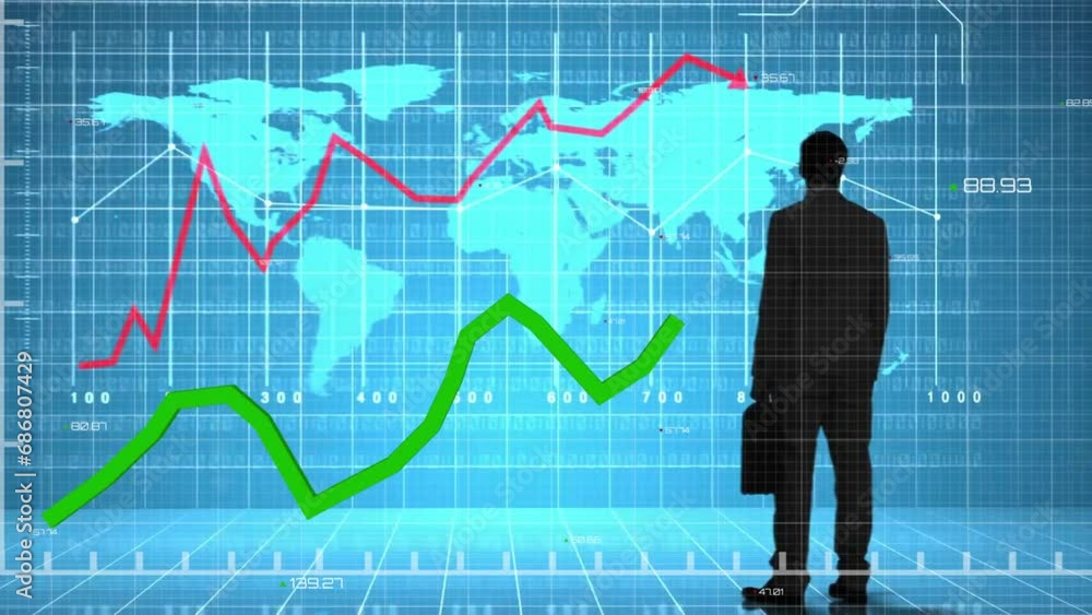 Animation of world map and financial data processing over businessman Animation of world map and financial data processing over businessman