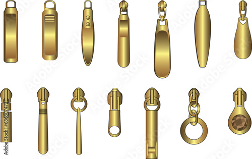 Gold metal Zipper puller flat sketch vector illustration set, different types of 3D brass Zip pull for fasteners, dresses garments, bags, Fashion illustration, Clothing and Accessories
