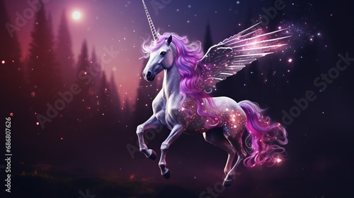 There is a unicorn that has purple stars on its back