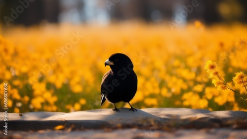 A black bird poses against a backdrop of bright yellow flowers on a light day.