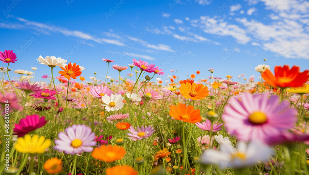 Vibrant Wildflowers on Picturesque Meadow Scene, a Symphony of Colors and Nature's Beauty. A Flourishing Landscape Capturing the Essence of Tranquility and the Cycle of Renewal in the Great Outdoors