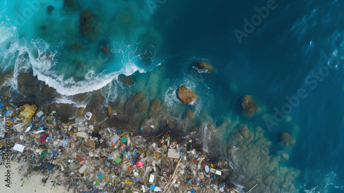 Aerial photography of a large amount of plastic waste in the sea. Concept of the problem of plastic waste in the ocean.