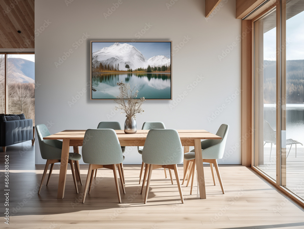 Fototapeta premium Turquoise chairs at wooden round dining table. Scandinavian home interior design of modern dining room