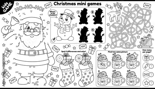 Vector Christmas games placement for children. Outline set with Santa, holiday snowman, New Year reindeer. Play and coloring. Kids activity mat with maze, connect the dots, find differences and other.