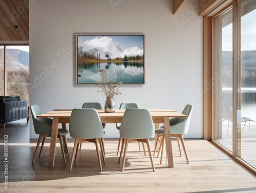 Turquoise chairs at wooden round dining table. Scandinavian home interior design of modern dining room