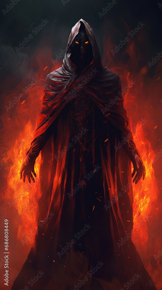 character in a robe covered in fire and red, generative ai 