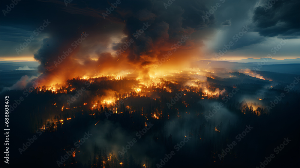 Aerial photography of a large forest fire, concept of natural disasters occurring on Earth.