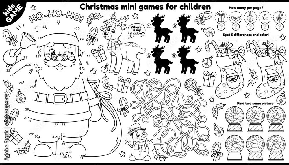 Vector Christmas games placement for children. Outline set holiday Santa, New Year stockings, Xmas decorations. Winter kids Coloring. Labyrinth, connect the dots, find differences, find correct shadow