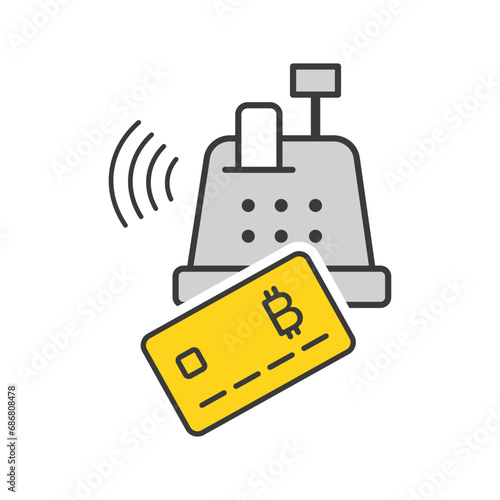 Bitcoin payment icon. Buy, pay with bitcoin icon. Cash register and bitcoin vector icon. Icons for store, business, finance
