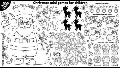 Vector Christmas games placement for children. Outline set holiday Santa, New Year stockings, Xmas decorations. Winter kids Coloring. Labyrinth, connect the dots, find differences, find correct shadow