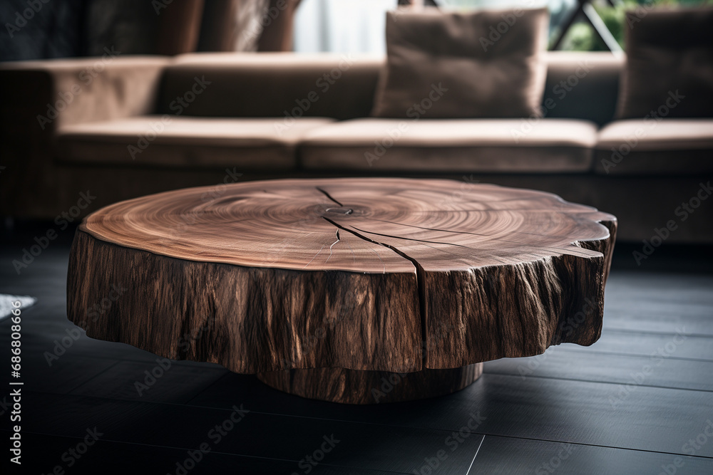 Live edge wooden accent coffee table near sofa close up. Interior design of modern living room Live edge wooden accent coffee table near sofa close up. Interior design of modern living room