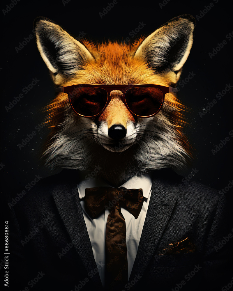 fox in a suit, wearing dark glasses, looks very fashionable, generative ai