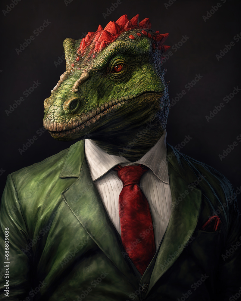 Lizard dressed as a suit and tie, fantasy character, generative ai 