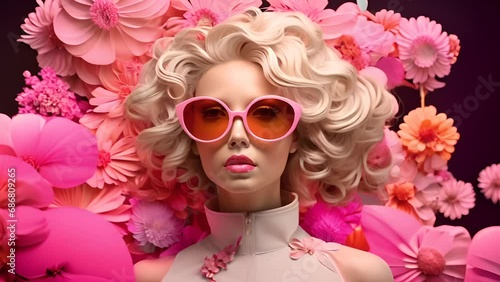 fashion blond woman with flowers. Generative Ai	
 photo