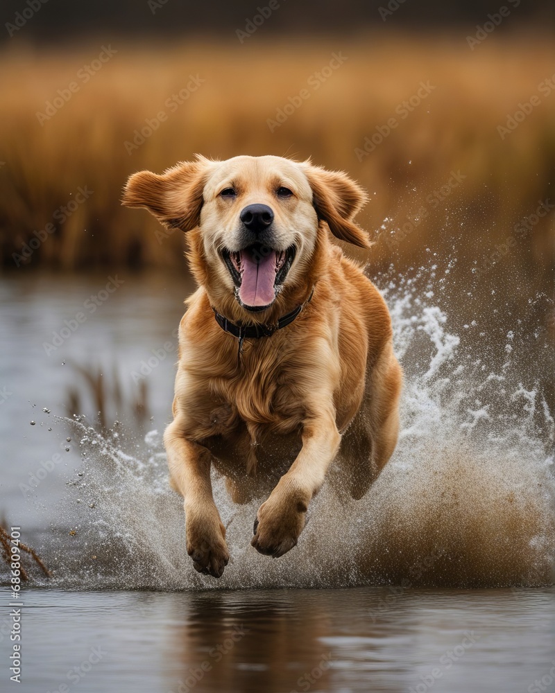 Golden retriever running through water