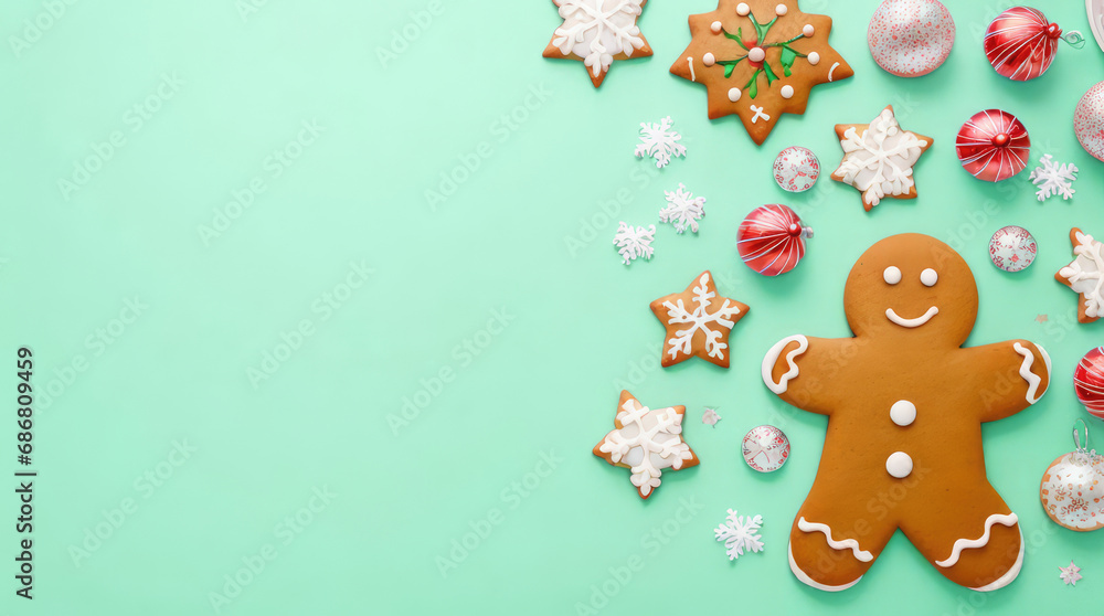 Cookie, sweet, gingerbread, übiscuit and other Christmas, Xmas ornaments decorations on green background.