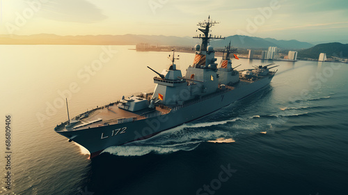 Aerial photography of a destroyer at sea, naval warfare concept.