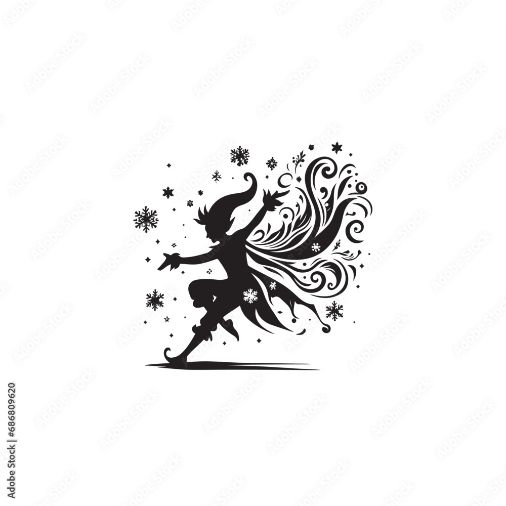 Christmas Elf Dancing Silhouette: A Captivating Silhouette of an Elf Spreading Holiday Joy Black Vector Christmas Elf Dancing
