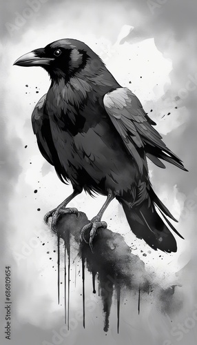 Painting in watercolor of a crow on a gray background photo