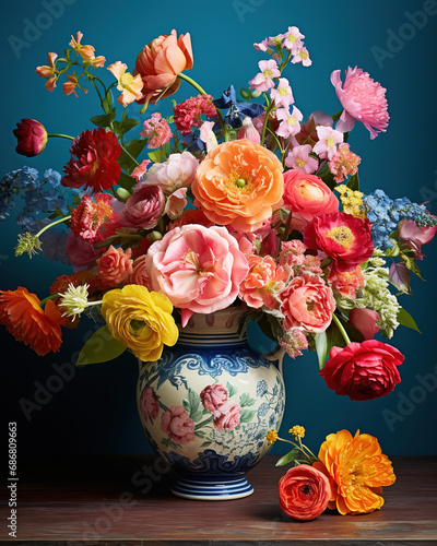 vibrant bouquet of flowers in a vintage vase, generative ai  © vvalentine