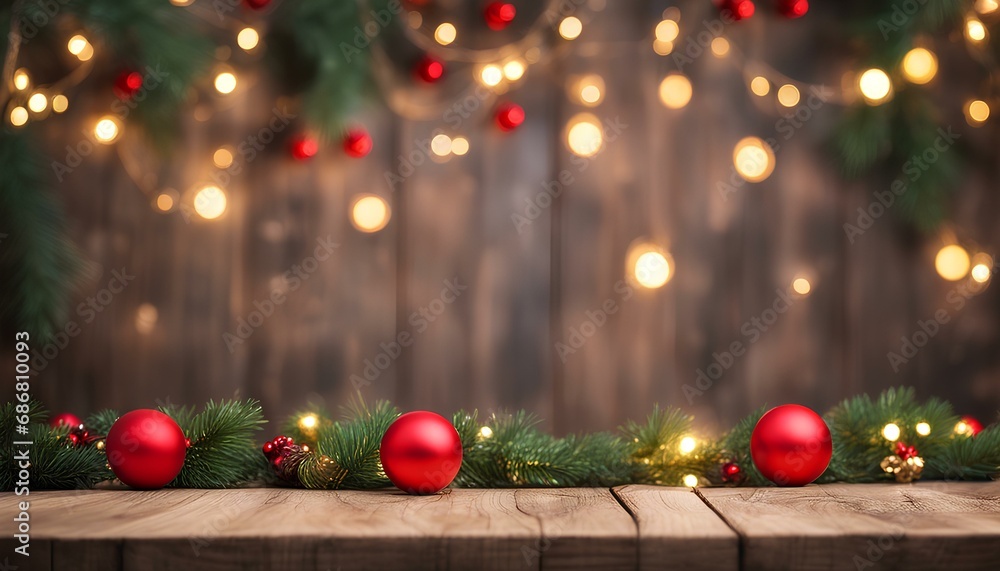Festive Wood Table with Blurred Lights