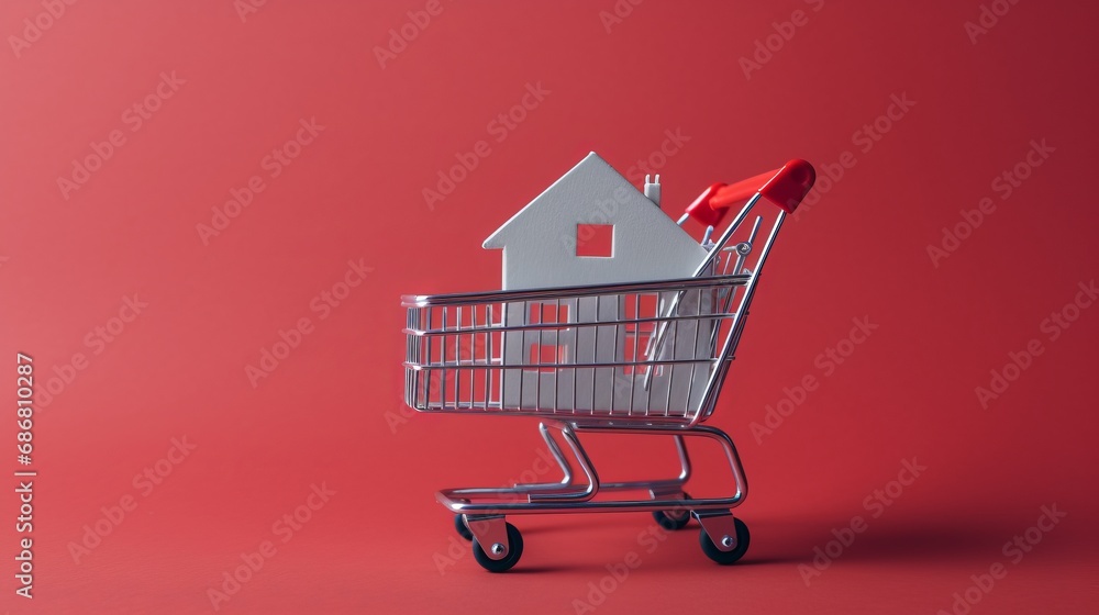 Buying a house, building repair and mortgage concept. Estimation real estate property with loan money and banking. House in shopping cart 