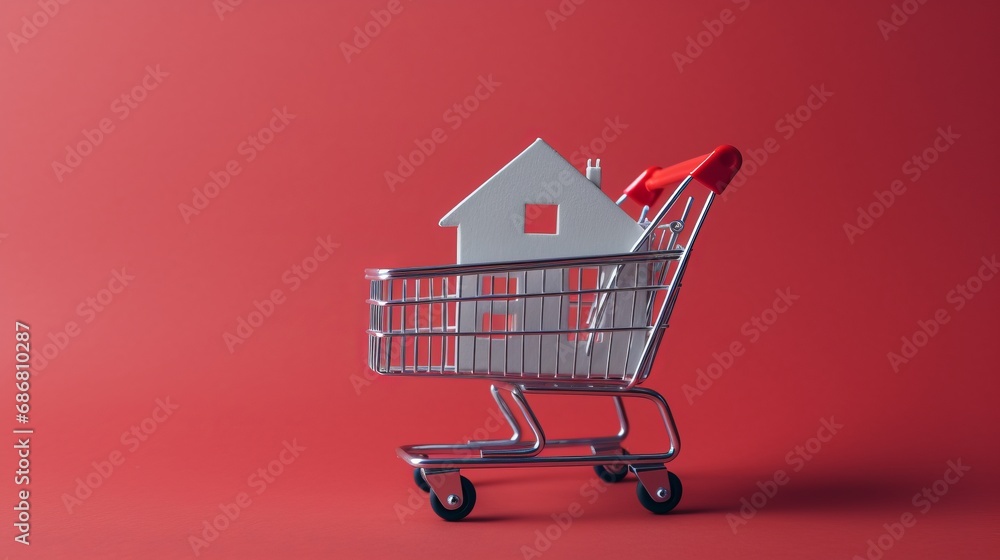 Buying a house, building repair and mortgage concept. Estimation real estate property with loan money and banking. House in shopping cart Buying a house, building repair and mortgage concept. Estimation real estate property with loan money and banking. House in shopping cart