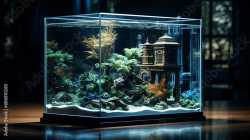 A sculpture depicts a building that has two fish tanks.