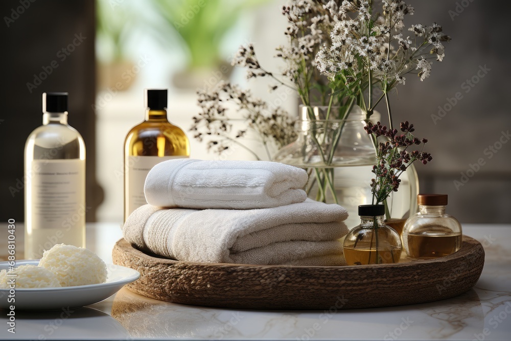Toiletries soap towel on blurred white bathroom spa background, generative ai