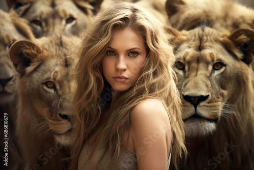 Mujer rubia amazonas rodeada de fieles leones. photo