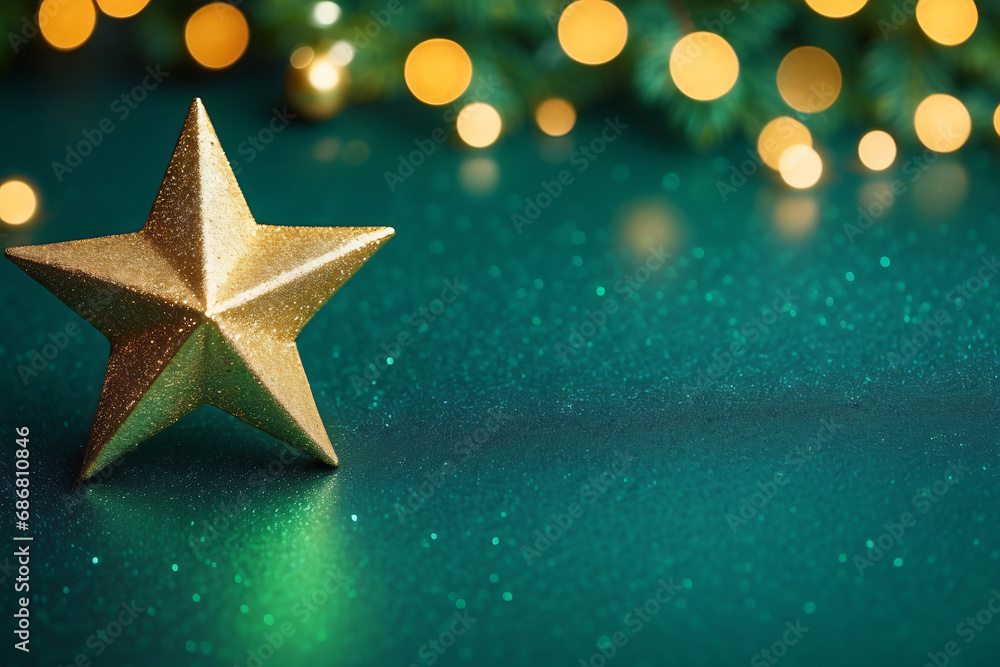 New Year's and Christmas Gold Green Star Background Web Banner. Teal Green and Golden Abstract Glitter Bokeh Background with Selective Focus. New Year's and Christmas Gold Green Star Background Web Banner. Teal Green and Golden Abstract Glitter Bokeh Background with Selective Focus.