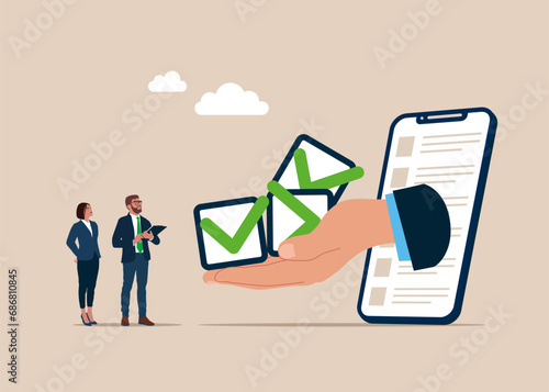 Business people celebrate completed checkmark after finish responsible project. Flat vector illustration