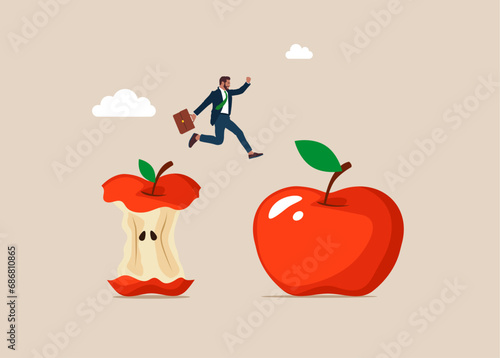 Businessman jump from apple eaten down to the core to new apple core. Business transformation. Flat vector illustration