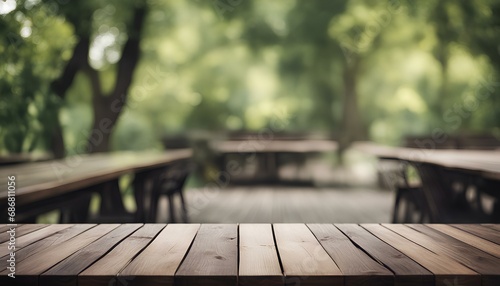Outdoor Black Wood Table in Natural Blurred Background