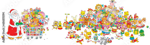 Happy Santa Claus with a shopping cart and a big pile of colorful gifts, toys and sweets for little children, vector cartoon illustration isolated on a white background