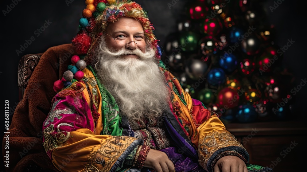 Gay Santa Claus, dressed in pride clothing.