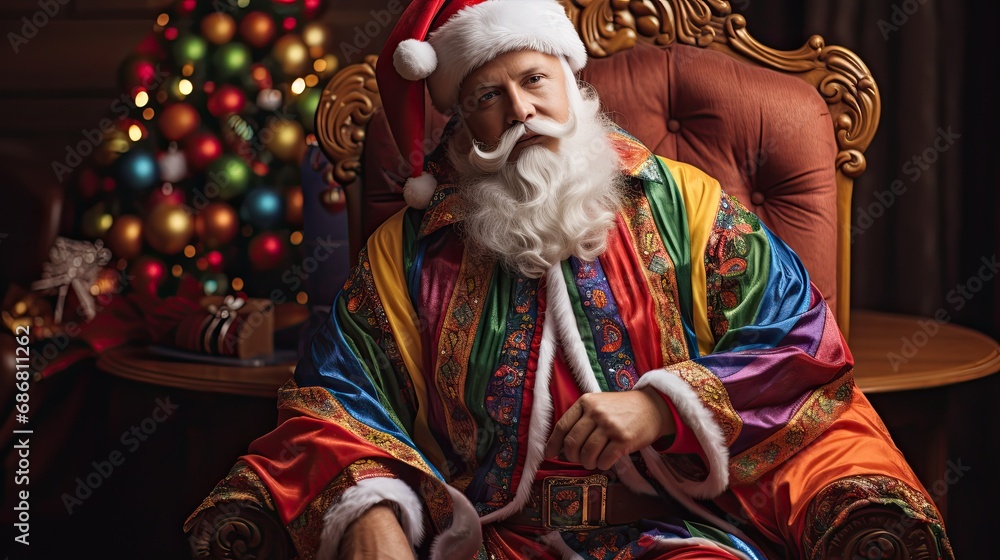 Gay Santa Claus, dressed in pride clothing.
