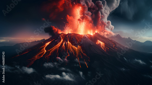 Aerial photography of a violently exploding volcano, natural disaster concept.