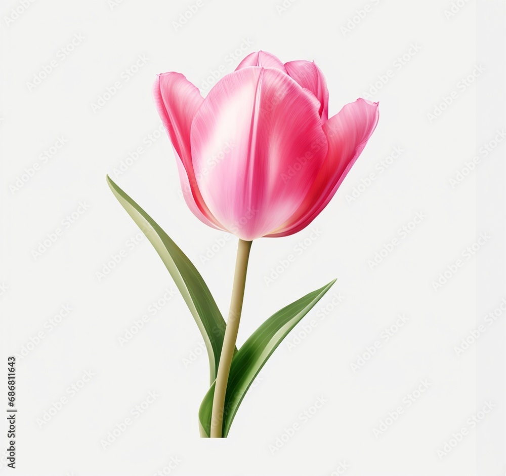 1 pink tulip isolated on light gray background, realistic illustration