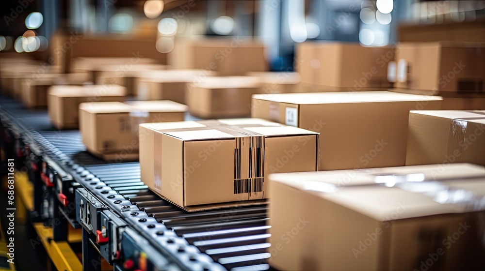 Cardboard boxes on the distribution line of a package shipping company. Cardboard boxes on the distribution line of a package shipping company.